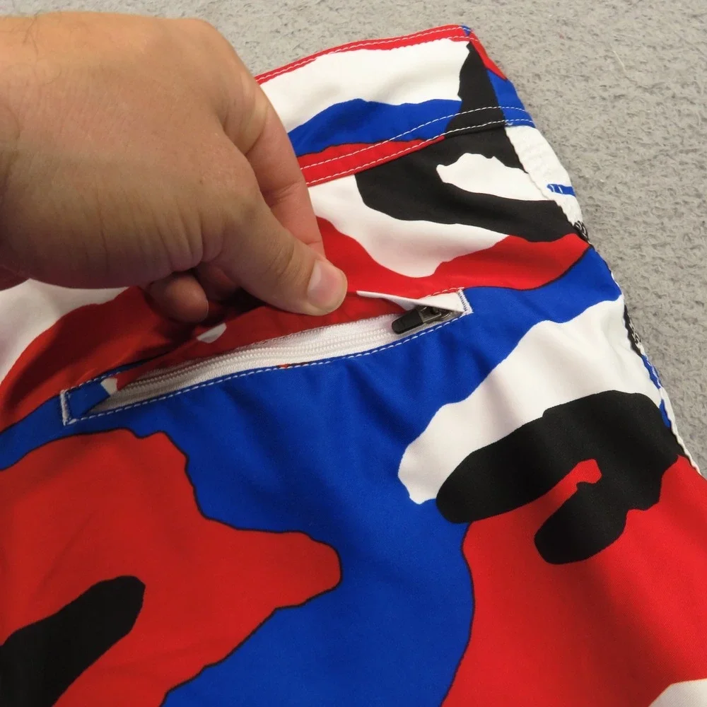 Stussy Mens Camo Swim Trunks 32 Blue Red White Board Shorts 6in Inseam